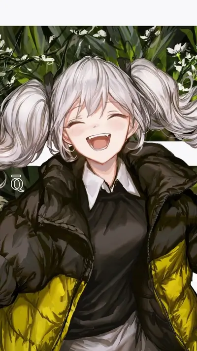 Girl with white hair in a ponytail, wearing a yellow and black jacket.
