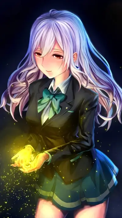 Girl with white hair in a school uniform holding glowing particles