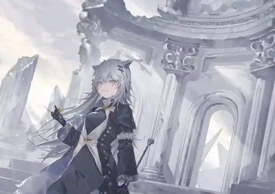 Girl with white hair in ruined building