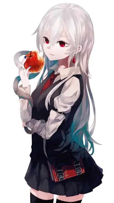 Girl with white hair, red eyes, and a snake