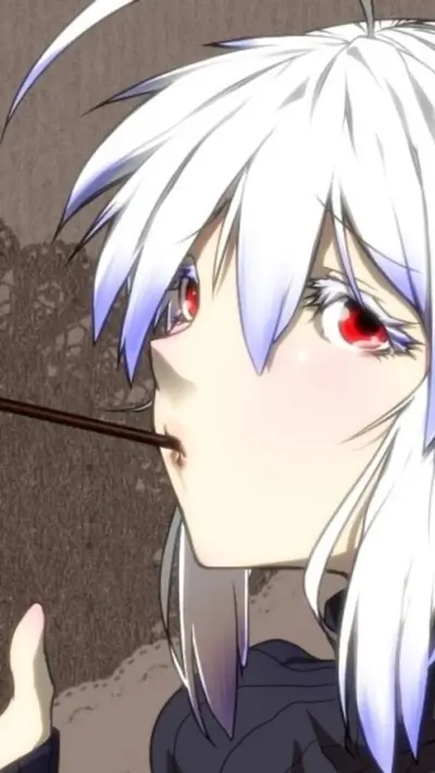 Girl with white hair, red eyes, sucking on a stick