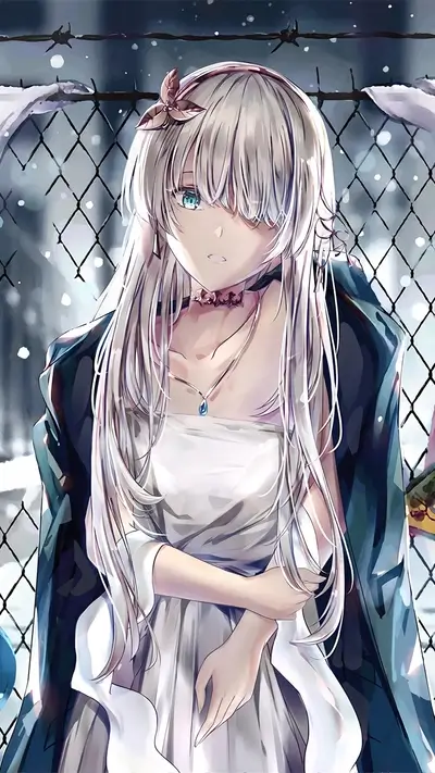 Girl with white hair standing near a fence