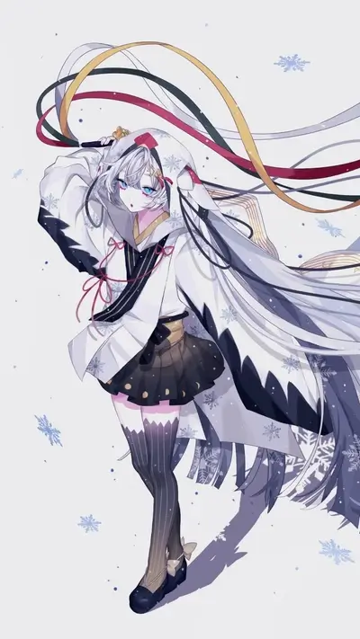 Girl with white hair wearing kimono, floating snowflakes around