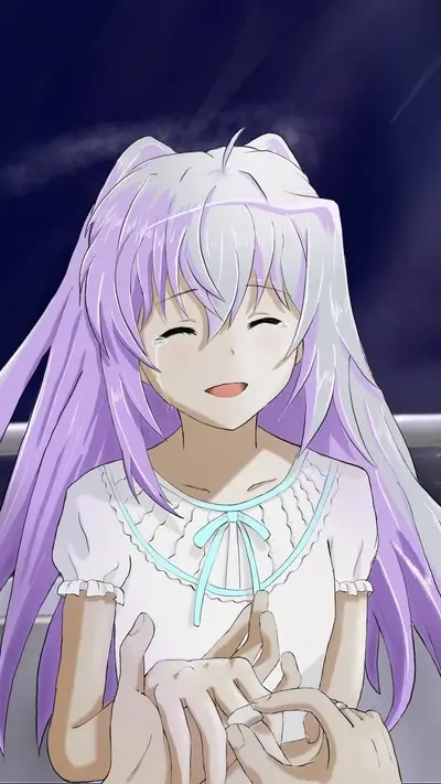 Girl with white hair with purple shadows smiling and crying