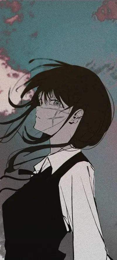 Girl with windblown hair looks up at the sky