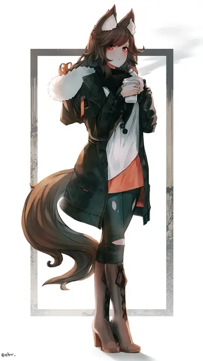 Girl with wolf ears drinking coffee