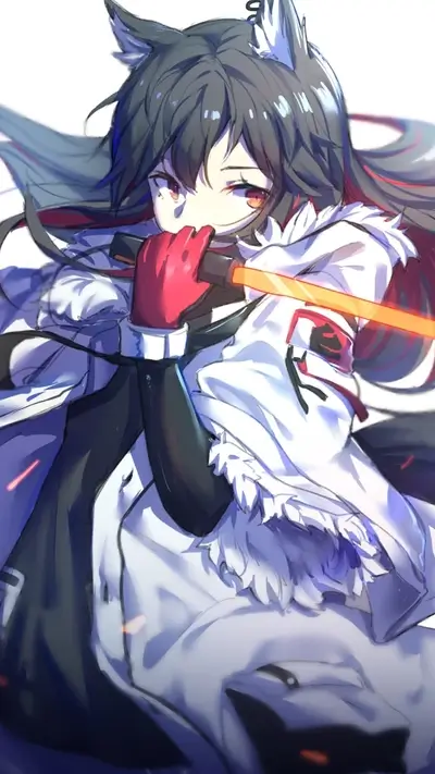 Girl with wolf ears wielding a glowing orange weapon