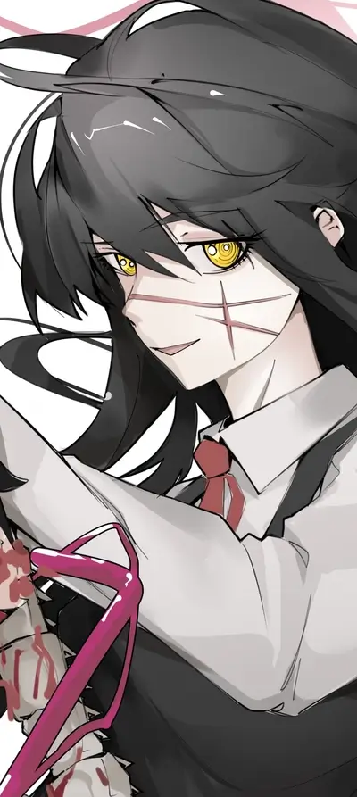 Girl with yellow eyes and bloody weapon