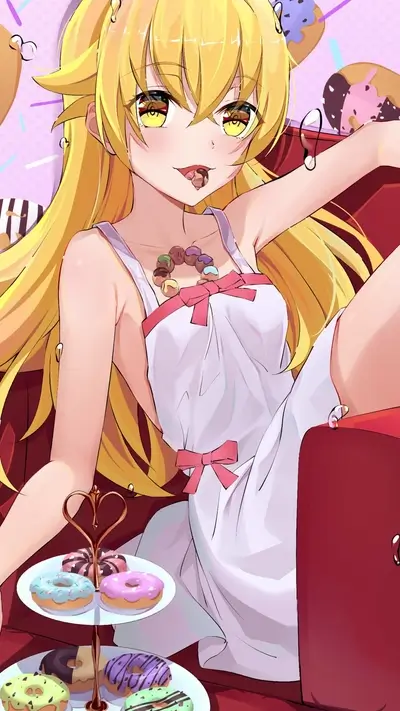 Girl with yellow hair eating donuts