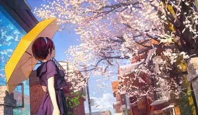 Girl with yellow umbrella under cherry blossoms