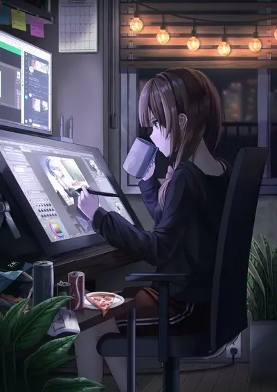 Girl working late at night on her graphic tablet