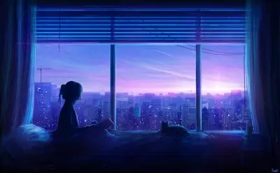 Girl writing at desk with cat by window overlooking city at sunset