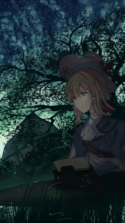 Girl writing under starry night