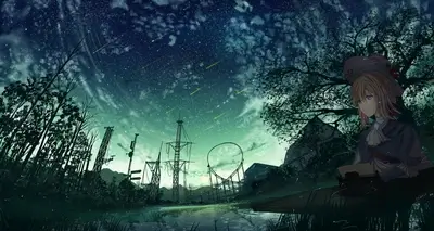 Girl writing under starry night, abandoned amusement park