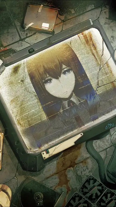 Girl's face on a damaged screen surrounded by old tech