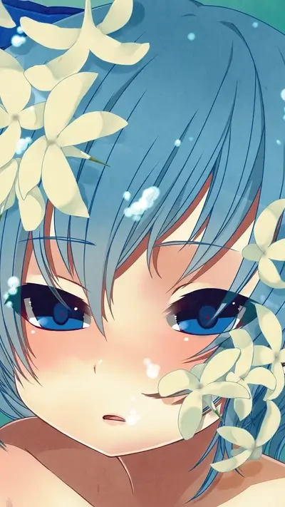 Girl's face surrounded by white flowers