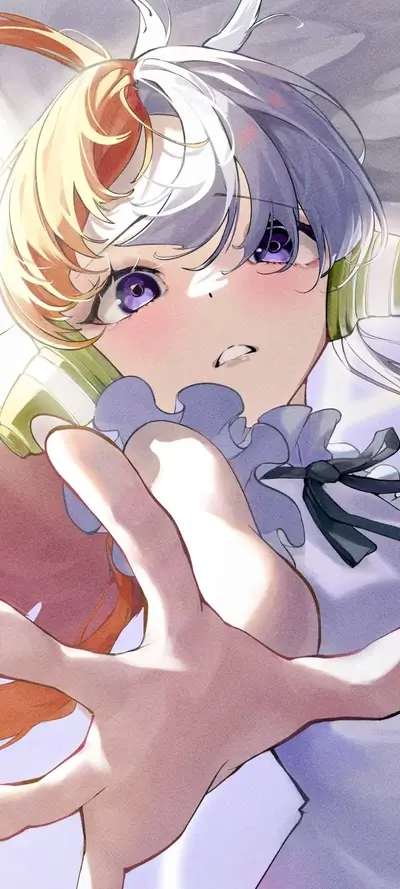 Girl's face with large violet eyes, half blonde and half light purple hair