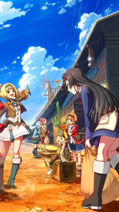 Girls in a western-style town under a bright sky