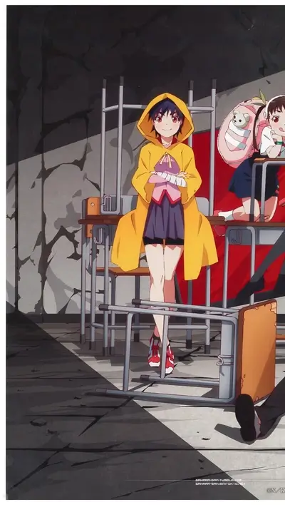 Girls in yellow raincoat at school