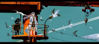 Girls on a rusty crane with birds