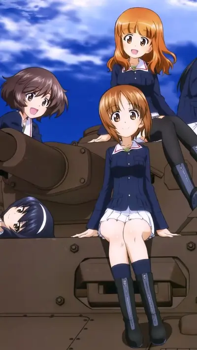 Girls on a tank under a cloudy sky
