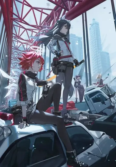 Girls on damaged cars under a red bridge