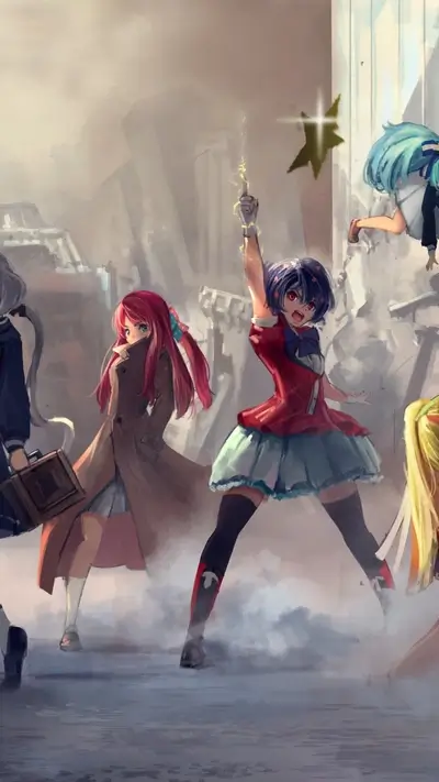 Girls stand in post-apocalyptic ruins, one raising her hand with light.
