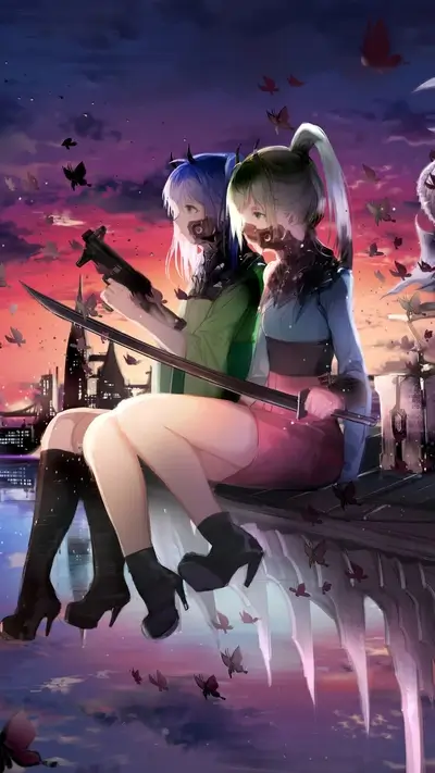 Girls with futuristic masks, weapons, and butterflies