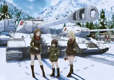 Girls with Soviet tanks in a snowy landscape
