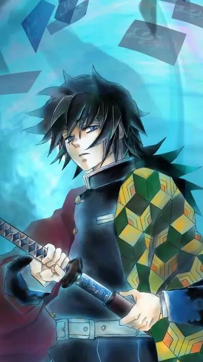 Giyuu Tomioka's ready to fight, wielding sword with determination in dynamic blue background