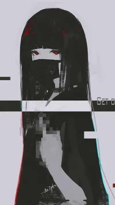 Glitchcore girl with red eyes and black clothing