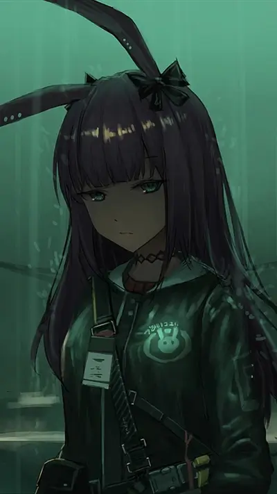 Gloomy anime girl with rabbit ears, dark hair and green jacket.