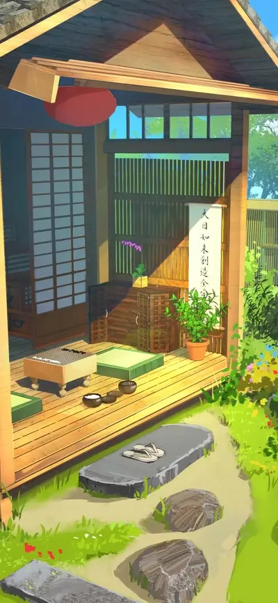 Go game set on a wooden porch of a Japanese house