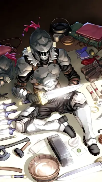 Goblin Slayer sharpening his sword