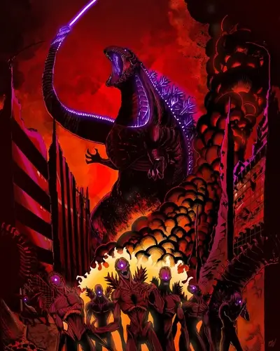Godzilla with purple beam, humans with purple eyes, burning building, chaos