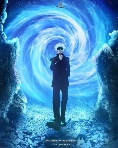 Gojo Satoru standing in a swirling blue vortex