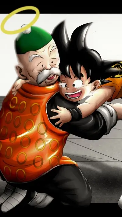 Goku hugs Master Roshi with tears of joy