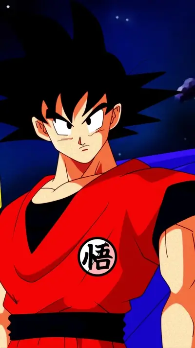 Goku in his iconic red gi, against a dark space background