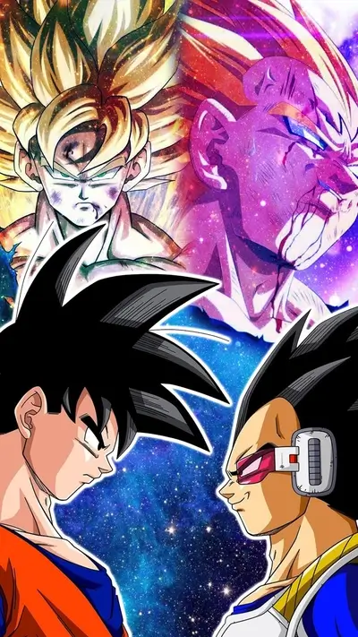 Goku, Vegeta, and Gohan facing off against a cosmic backdrop