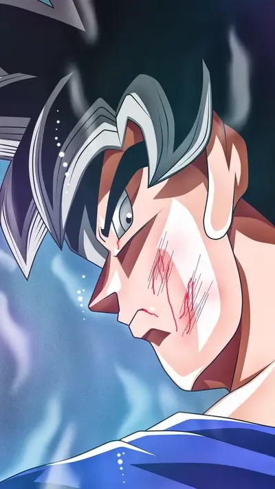 Goku's intense gaze, scarred face, and powerful aura