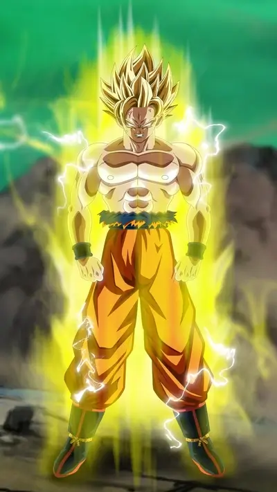 Goku's Super Saiyan form radiating powerful energy, lightning surrounds him