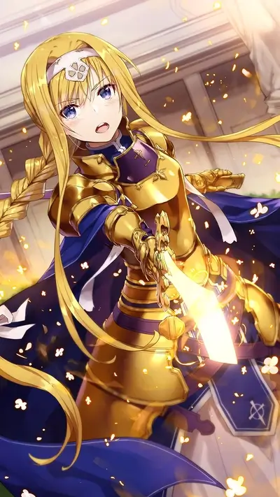 Golden armored female character wielding a glowing sword