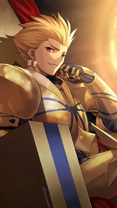 Golden armored knight sits regally