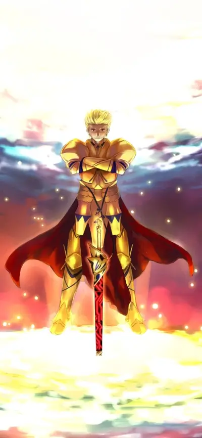Golden armored knight standing with sword