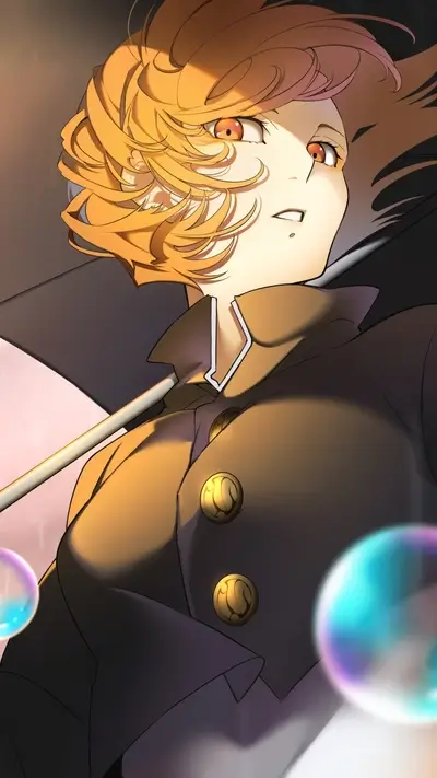 Golden-haired character in brown coat, amber eyes, glowing orbs, intriguing
