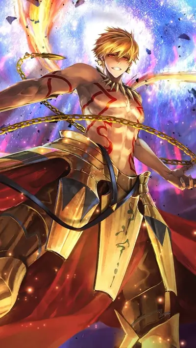 Golden king shining, weaponry around, cosmic background