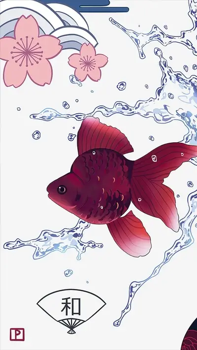 Goldfish swimming amidst cherry blossoms, water, fan with Japanese kanji.