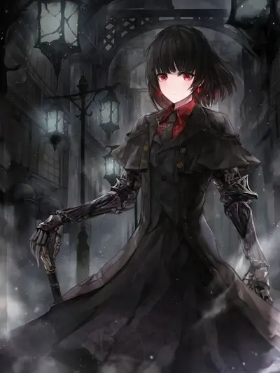 Gothic anime girl with glowing eyes, wearing trench coat and metal arm