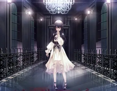 Gothic hallway, elegant vampire girl