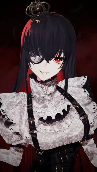 Gothic queen with red eyes and elaborate dress, wearing golden crown
